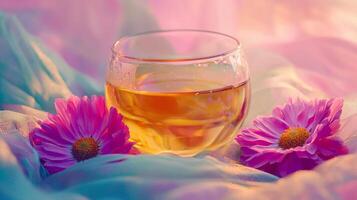 A glass of tea with flowers on a bed photo