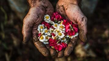 A person holding a bunch of flowers in their hands photo