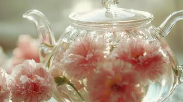 A glass teapot filled with pink flowers photo