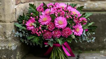 A bouquet of pink flowers sitting on a stone wall photo