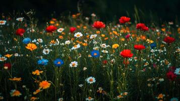 A field of wildflowers is shown in the dark photo