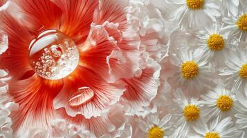 A red and white flower with water drops photo