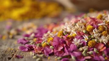 A pile of dried flowers on a wooden table photo