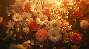 A bouquet of flowers is shown in the sunlight photo