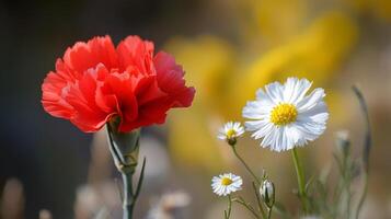 Two red and white flowers are in the middle of a field photo