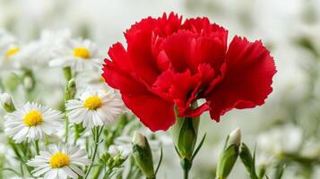 Red carnation and white daisies on a white background photo