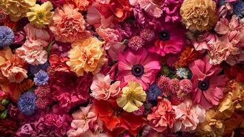 A large group of colorful flowers are arranged in a pattern photo