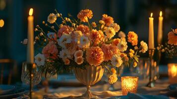 A table setting with candles and flowers photo