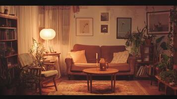 A living room with a couch, chair, lamp and plants photo