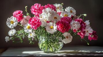 A vase filled with white and pink flowers photo