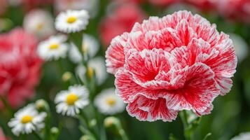 Red and white carnations in a field photo