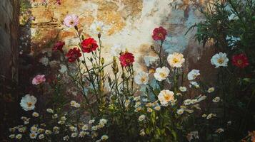 A painting of flowers in a garden photo