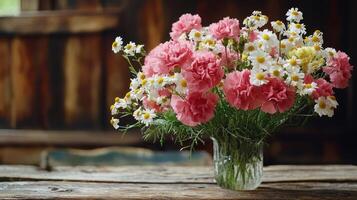A vase filled with pink and white flowers on a wooden table photo