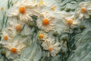 A painting of white flowers with yellow centers photo