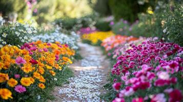A path through a garden with many different colored flowers photo