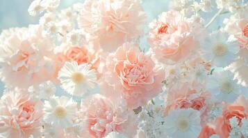 A bunch of pink and white flowers are in the air photo