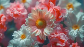 A close up of a bunch of pink and white flowers photo