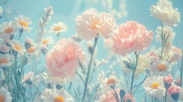 Pink and white flowers in a field with blue sky photo
