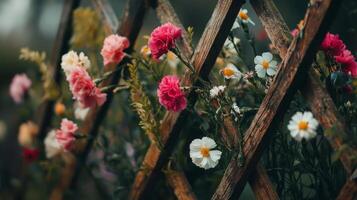 Flowers in a wooden fence photo