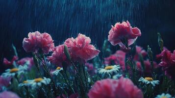 Pink flowers in the rain with daisies photo
