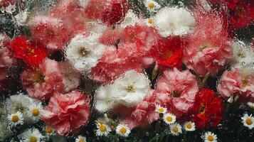 Flowers are in a rain soaked window photo