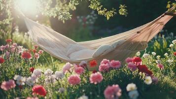 A hammock in a field of flowers photo