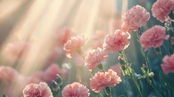 Pink flowers in the sun with rays shining through photo