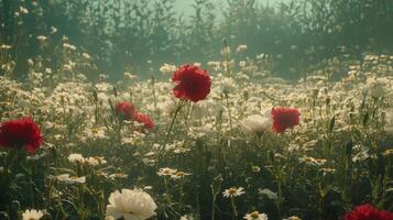 A field of red and white flowers in the sun photo