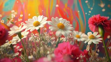 A colorful painting of flowers with a colorful background photo