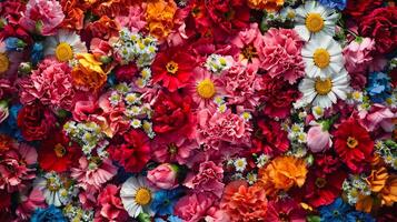 A large group of colorful flowers are arranged in a pattern photo