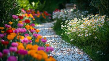 A path lined with colorful flowers and grass photo