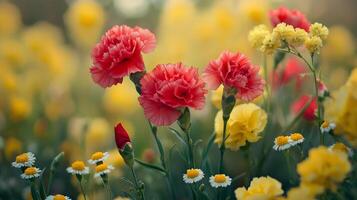 Flowers in a field with yellow and red flowers photo