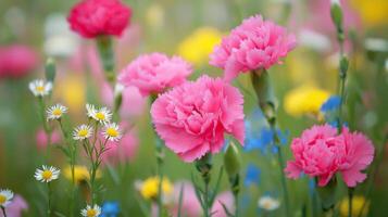 Pink carnations, blue daisies and yellow daisies are in a field photo