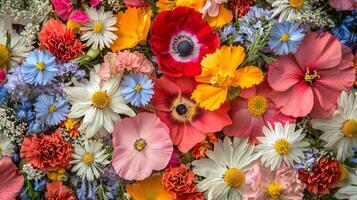 A large variety of flowers are arranged in a pattern photo