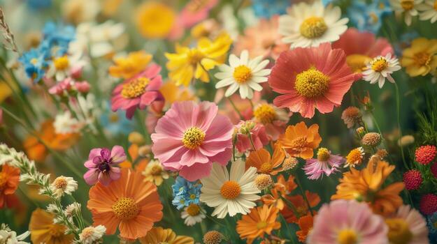 A field of colorful flowers is shown in this photo