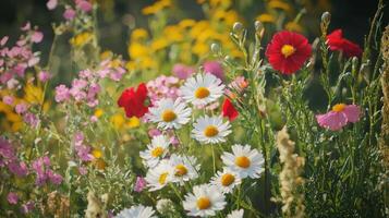 A field of wild flowers with many different types of flowers photo