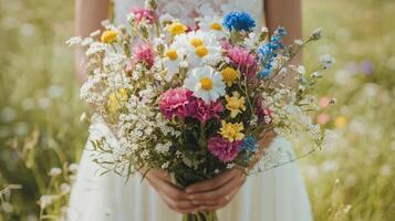 A bride holding a bouquet of wildflowers photo