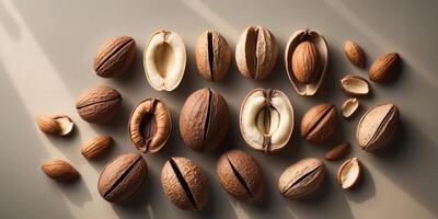 Nutty and whole almonds on a light background photo