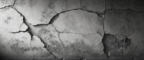 Wall with visible cracks and damage showcasing signs of wear and aging in a structure. photo