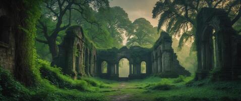 Mystical Overgrown Ruins Surrounded by Lush Greenery and Ambient Light. photo