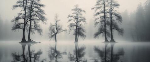 Reflections of trees in still water showcasing halftone texture and distorted shapes photo