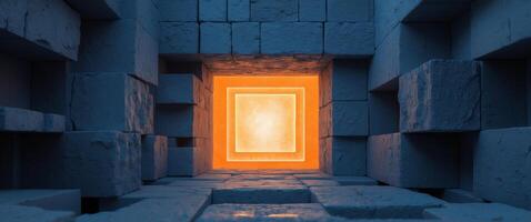 Abstract Orange Glowing Square Within Dark Blue Textured Blocks photo