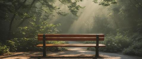Tranquil Wooden Park Bench Surrounded by Lush Greenery - Peaceful Nature Retreat in Urban Setting photo