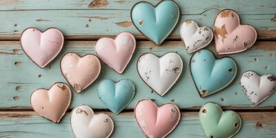 Rustic Wooden Background Featuring a Collection of Distressed Metal Hearts in Varied Pastel Shades. photo