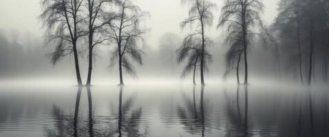 Reflections of trees in still water showcasing halftone texture and distorted shapes. photo