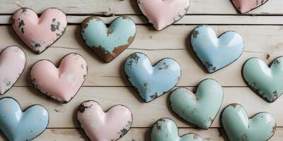 Rustic Wooden Background Featuring a Collection of Distressed Metal Hearts in Varied Pastel Shades photo
