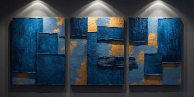 Abstract Expressionism Triptych Textured Panels in Deep Blues and Warm Golds with Dramatic Side Lighting. photo
