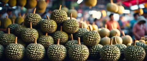 A pile of durians are on display at a market photo