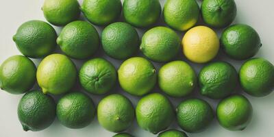 parte superior ver de un vibrante formación de recién escogido verde limas relleno el marco. foto