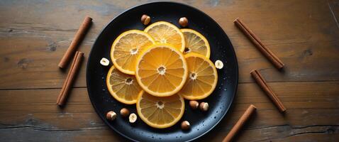 Fresh Orange Slices with Cinnamon Sticks and Hazelnuts on Black Plate Arranged on Wooden Table. photo